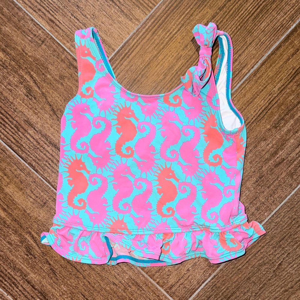 Lilly Pulitzer White Swim Top with Pink Logo and Aqua Trim 4T